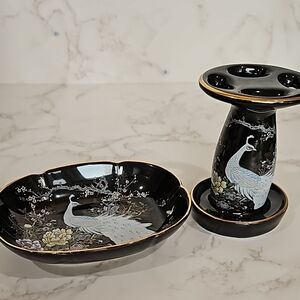 SHIBATA Peacock Japan Soap/Trinket Dish and Brush Holder Vtg